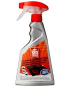 MR Strong keramisk kogepladerens i grå flaske med rød spraytrigger og orange etiket, til at fjerne fedt og snavs fra kogeplader.