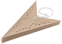 Förpackning med trekantiga sandpapper med förstansade hål och snöre, passar detaljslipmaskiner. Brun färg, utformad för effektiv dammutsugning och enkel montering.