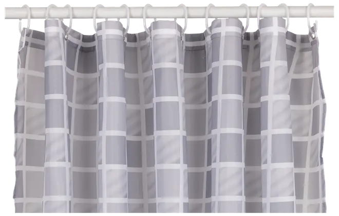 Grå og hvidt badeforhæng med moderne ternet mønster, lavet af vandafvisende stof, har forstærkede huller til kroge, passer til standard badekar eller brusere.