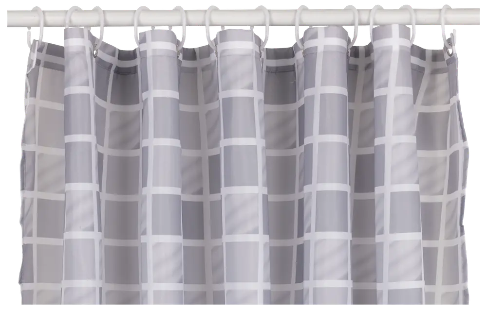 Gråvit duschdraperi med modernt rutmönster, tillverkad av vattenavvisande tyg, förstärkta hål för krokar, passar standardbadkar eller duschar.