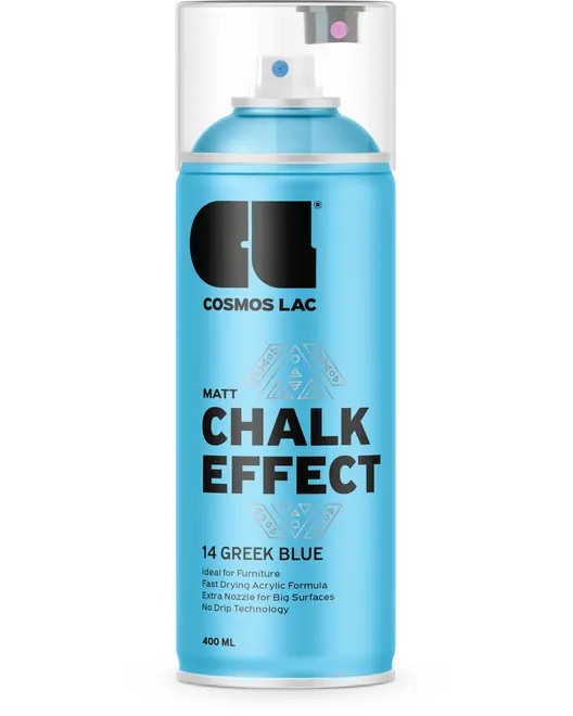 Blå spraydåse, 400 ml, mærket 'Chalk Effect' i farven Greek Blue. Mat finish, hurtigtørrende akryl, ekstra dyse til store flader, drypfri, ideel til møbler.