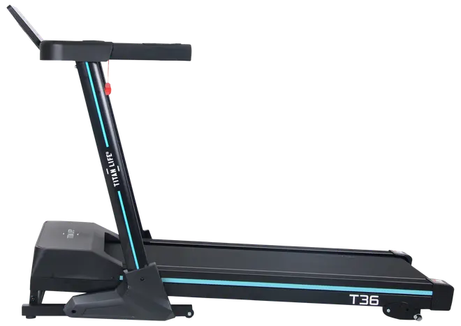 Sort løbebånd med blå detaljer, model T36. Har digitalt display, solide håndtag og rummelig løbeflade. Velegnet til hjemmetræning og konditionstræning.