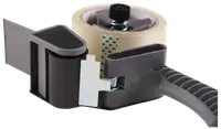 Handhållen tejpdispenser med ergonomiskt handtag, metallskärblad och rulle med klar packtejp. Perfekt för enkel förslutning av lådor och paket vid frakt eller förvaring.
