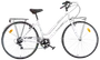 Hvid bycykel med lav indstigning, for- og bagagebærer, sort sadel, opretstående styr, reflekser for og bag samt kædeskærm. Velegnet til bykørsel og fritid.