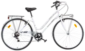 Hvid bycykel med lav indstigning, for- og bagagebærer, sort sadel, opretstående styr, reflekser for og bag samt kædeskærm. Velegnet til bykørsel og fritid.