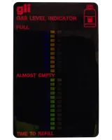 Rektangulær gasniveauindikator med farvede søjler og mærkater: FULL, ALMOST EMPTY, TIME TO REFILL. Rød tekst og gasflaskeikon på sort baggrund.