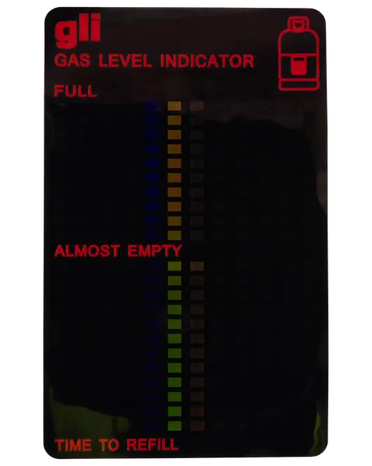 Rektangulær gasniveauindikator med farvede søjler og mærkater: FULL, ALMOST EMPTY, TIME TO REFILL. Rød tekst og gasflaskeikon på sort baggrund.
