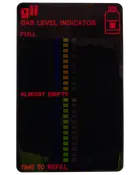 Rektangulär gasnivåindikator med färgade staplar och etiketter: FULL, ALMOST EMPTY, TIME TO REFILL. Röd text och gasflaskikon på svart bakgrund.