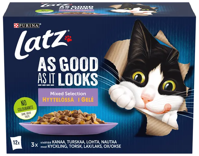Latz As Good As It Looks kattmat, blandat urval i gelé, 12 portioner med kyckling, torsk, lax och nöt. Förpackningen har en lekfull kattillustration.
