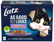 Latz As Good As It Looks kattmat, blandat urval i gelé, 12 portioner med kyckling, torsk, lax och nöt. Förpackningen har en lekfull kattillustration.