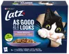Latz As Good As It Looks kattmat, blandat urval i gelé, 12 portioner med kyckling, torsk, lax och nöt. Förpackningen har en lekfull kattillustration.