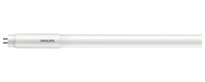 Hvid Philips LED-rørpære med slank cylindrisk krop og mærket endehus, designet til lineær indendørs belysning.
