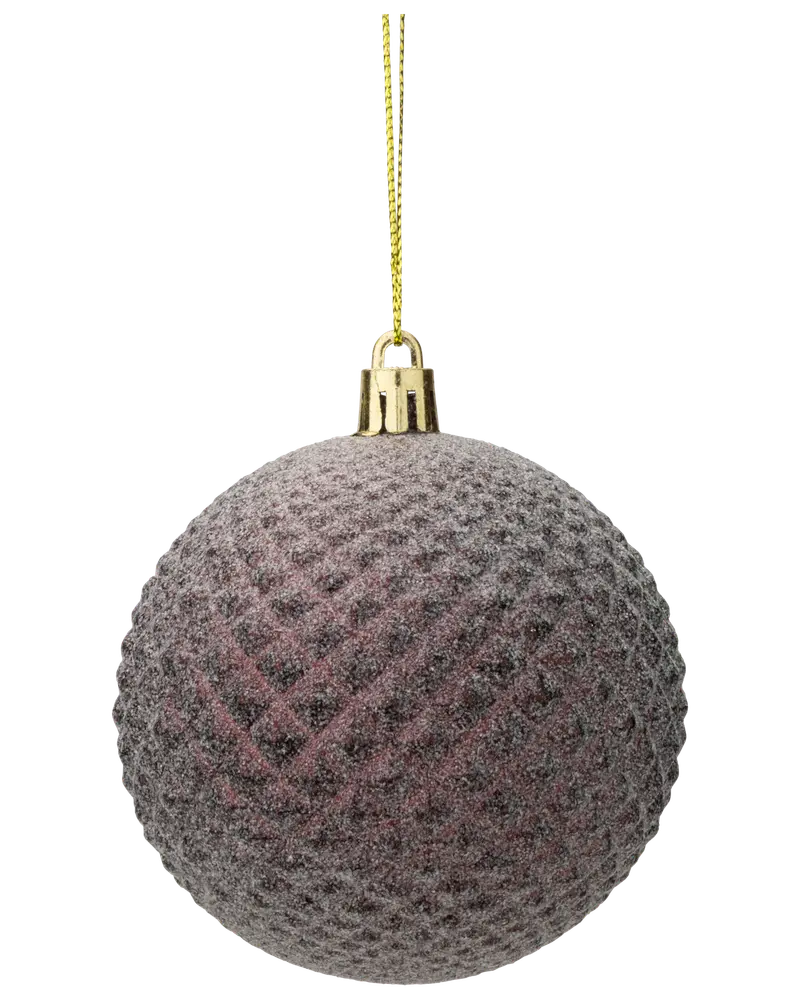 Texturerad lila julkula med diamantmönster, matt yta och guldfärgad topp. Levereras med guldfärgad upphängningssnöre, perfekt för julgransdekoration.