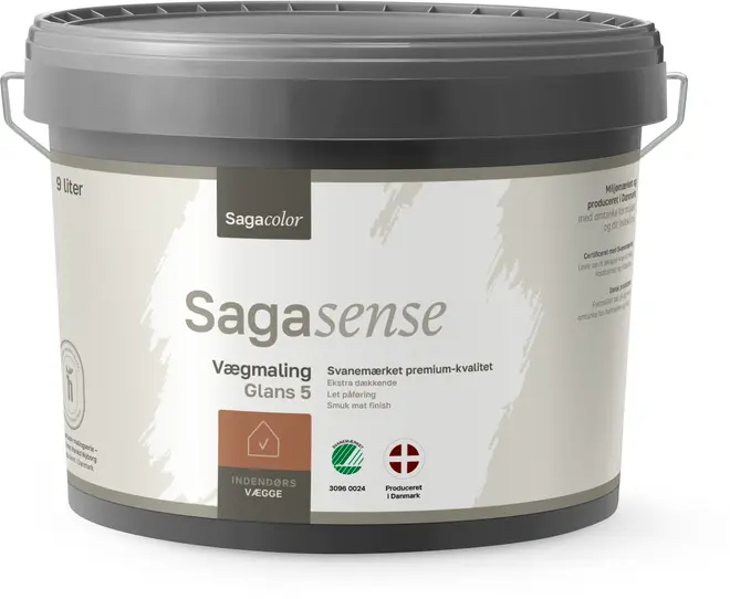 Sagacolor Sagasense vægmaling, 9 liters spand, mat finish, til indendørs brug, premium kvalitet, let påføring, miljømærket, produceret i Danmark, Glans 5, til vægge.