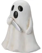 Keramisk spøgelsesfigur med sorte øjne og mund, holder en sølvkniv. Hvid krop med let brun skygge. Halloween-dekoration, egnet til bord eller hylde.
