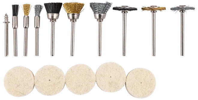 Sæt med roterende værktøjstilbehør: stålbørster, polerskiver og slibebits med metalaksler. Velegnet til rengøring, polering og slibning. Indeholder fem filtpolerskiver.