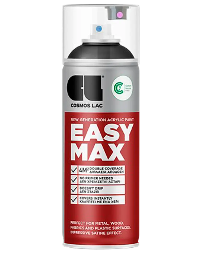 Cosmos Lac Easy Max akryl spraymaling, 400 ml dåse, egnet til metal, træ, stof og plast. Dobbeltdækning, ingen primer nødvendig, drypfri og satin finish.
