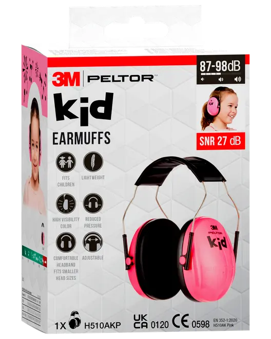 3M Peltor Kid høreværn i pink, designet til børn. Letvægts, justerbart hovedbånd, synlig farve, komfortabel pasform, dæmper støj med 27 dB. Passer til små hoveder.