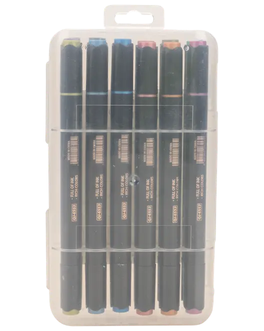 Sæt med seks tuscher med dobbelt spids i forskellige farver, pakket i en gennemsigtig plastæske. Hver tusch har sort krop og farvemarkeringer i begge ender.