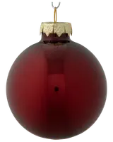 Rund, glansig röd julgranskula i glas med guldfärgat metallfäste och upphängningsögla. Klassisk, enkel design med slät, reflekterande yta.