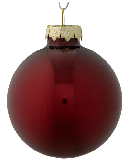Rund, glansig röd julgranskula i glas med guldfärgat metallfäste och upphängningsögla. Klassisk, enkel design med slät, reflekterande yta.
