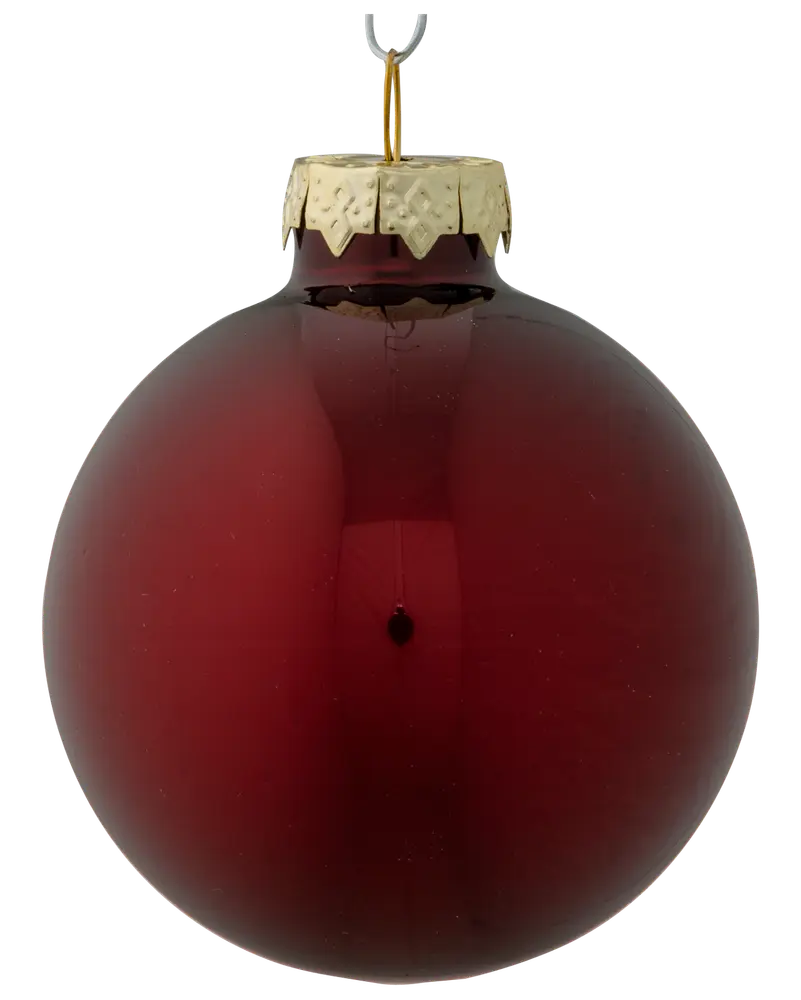 Rund, glansig röd julgranskula i glas med guldfärgat metallfäste och upphängningsögla. Klassisk, enkel design med slät, reflekterande yta.