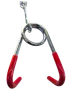Metalkrog med cirkulær midtering, to kroge med rød gummibelægning og øje til ophæng. Velegnet til organisering eller ophængning af genstande.