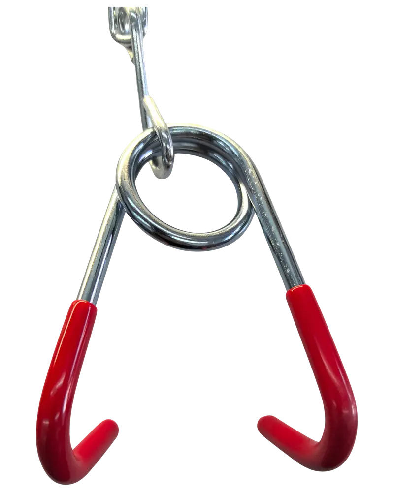 Metalkrog med cirkulær midtering, to kroge med rød gummibelægning og øje til ophæng. Velegnet til organisering eller ophængning af genstande.