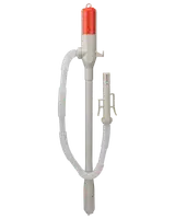 Batteridrevet væskeoverføringspumpe med rød top, fleksibel slange og dyse. Designet til nem dosering af vand, olie eller andre væsker. Let og bærbar konstruktion.