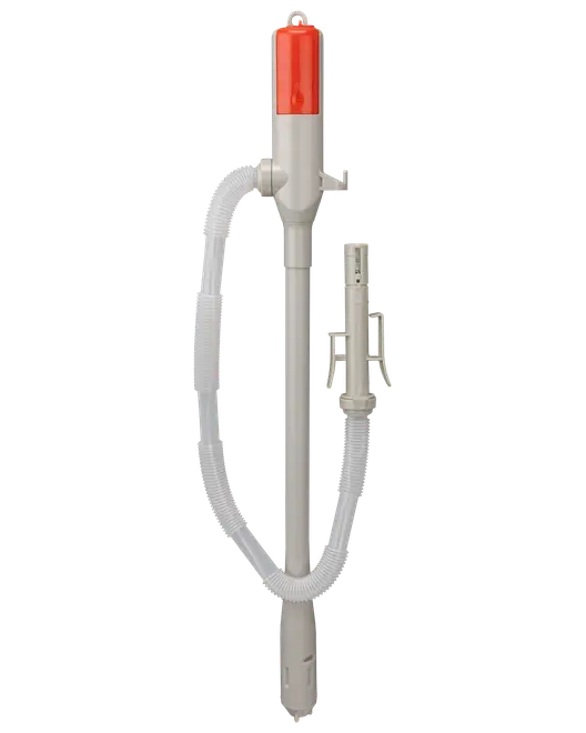 Batteridriven vätskepump med rött lock, flexibel slang och munstycke. För enkel dosering av vatten, olja eller andra vätskor. Lätt och portabel design.