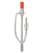 Batteridriven vätskepump med rött lock, flexibel slang och munstycke. För enkel dosering av vatten, olja eller andra vätskor. Lätt och portabel design.