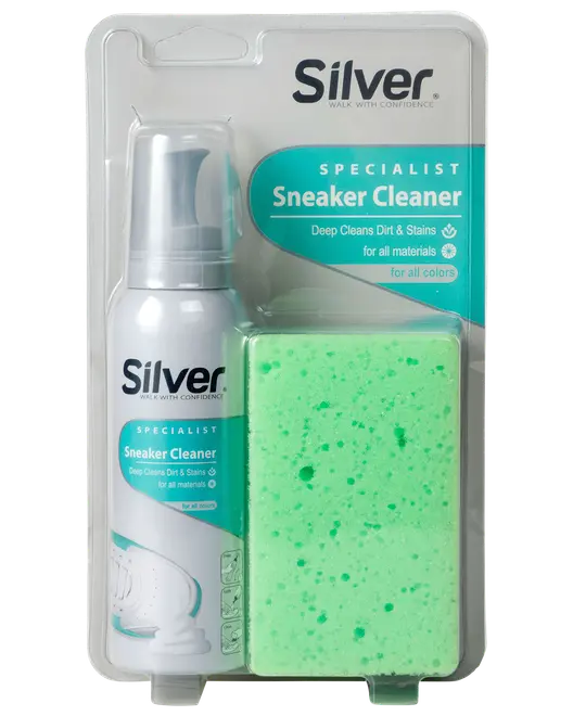 Sneakerrengöringskit med rengöringsvätska och grön svamp. Passar alla material och färger, tar bort smuts och fläckar från sneakers.