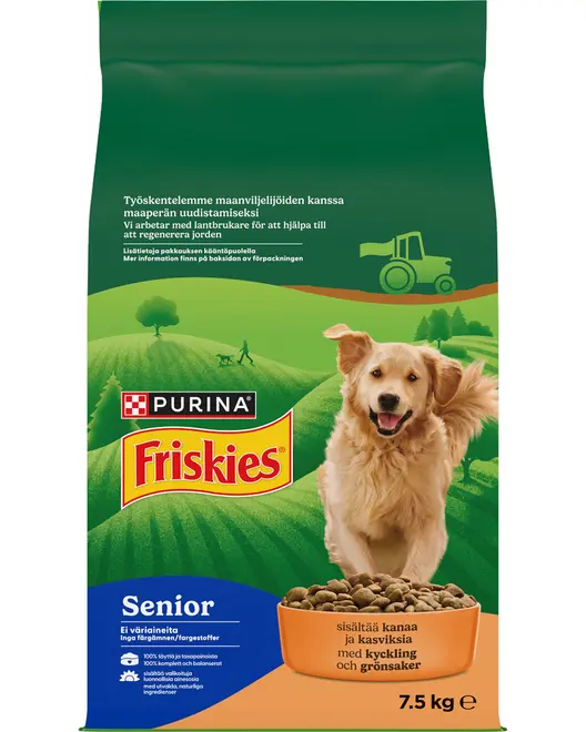 Purina Friskies Senior tørfoder til hunde, 7,5 kg, med kylling og grøntsager, med golden retriever og skål med foder.