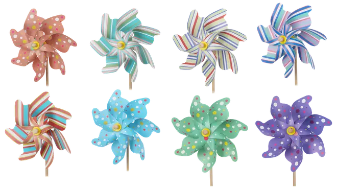 Sæt med syv farverige vindmøller med prikker og striber, lavet af plastik, monteret på pinde. Perfekt til havepynt eller børns udendørs leg.