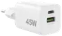 Hvid 45W vægoplader med europæisk stik, én USB-C PD-port og én USB-A QC3.0-port.