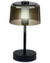 Moderne bordlampe med sort fod og stang, cylindrisk mat inderskærm og røgfarvet gennemsigtig yderskærm i glas. Elegant, minimalistisk design til moderne indretning.