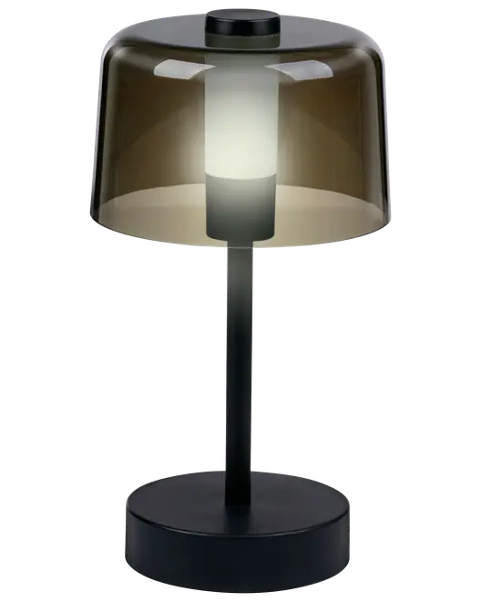 Moderne bordlampe med sort fod og stang, cylindrisk mat inderskærm og røgfarvet gennemsigtig yderskærm i glas. Elegant, minimalistisk design til moderne indretning.
