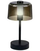 Moderne bordlampe med sort fod og stang, cylindrisk mat inderskærm og røgfarvet gennemsigtig yderskærm i glas. Elegant, minimalistisk design til moderne indretning.
