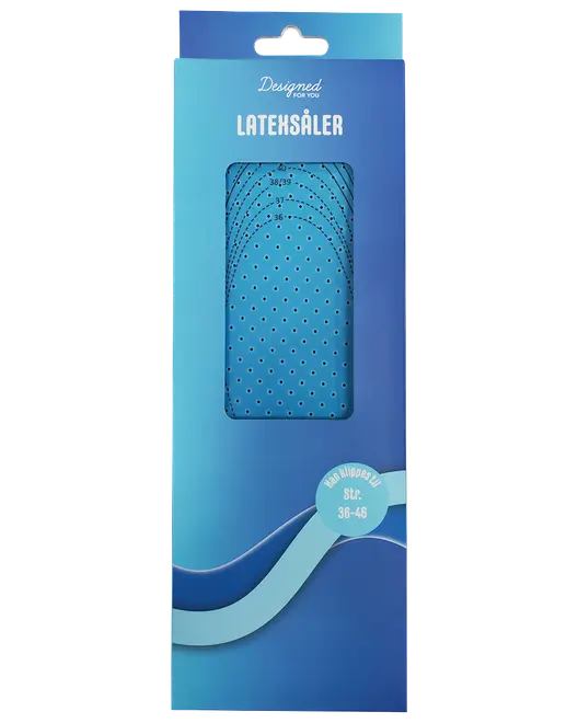 Blå latexsåler med ventilationshuller, tilpasselig størrelse 36-46, designet for komfort og åndbarhed. Leveres i blå æske med vindue, der viser produktet.
