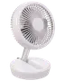 Kompakt hvid bordventilator med rund gitter, justerbart hoved og solid rund base. Moderne design, ideel til personlig afkøling. USB-drevet for nem brug.