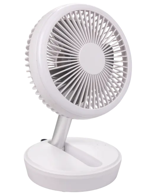 Kompakt hvid bordventilator med rund gitter, justerbart hoved og solid rund base. Moderne design, ideel til personlig afkøling. USB-drevet for nem brug.