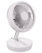 Kompakt hvid bordventilator med rund gitter, justerbart hoved og solid rund base. Moderne design, ideel til personlig afkøling. USB-drevet for nem brug.