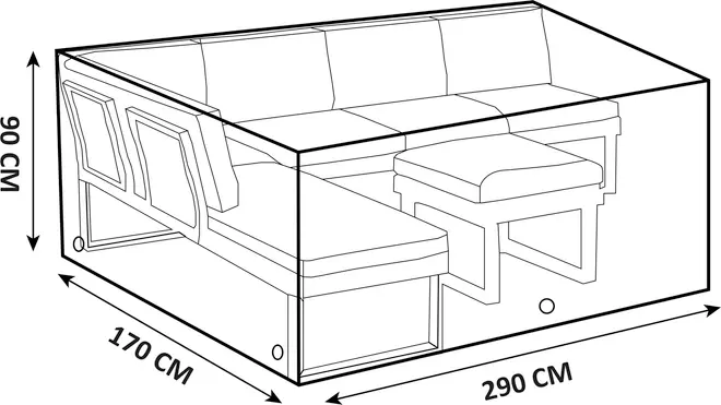 Beskyttelsesovertræk til hjørnesofasæt, gennemsigtigt med sorte kanter, passer til møbler op til 290x170x90 cm. Velegnet til udendørs brug, med ventilationshuller.