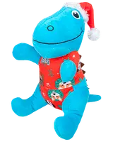 Blå dinosaurie-mjukdjur med röd julväst med festliga djurmotiv och röd tomteluva med vit kant. Mjukt tyg, passar barn, perfekt julklapp.