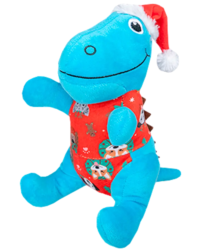 Blå dinosaurie-mjukdjur med röd julväst med festliga djurmotiv och röd tomteluva med vit kant. Mjukt tyg, passar barn, perfekt julklapp.