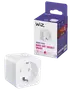 Hvid WiZ smart plug med rund stikdåse, Wi-Fi og stemmestyring. Kompakt design, passer til europæiske stikkontakter. Emballagen viser produktfunktioner og brugsanvisning.