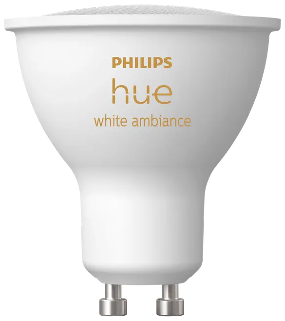 Philips Hue White Ambiance GU10 smart LED-pære, hvid finish, kompakt spotdesign, justerbar hvid belysning, energieffektiv, egnet til intelligente belysningssystemer.