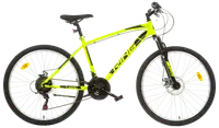 Ljusgul mountainbike med svarta detaljer, framgaffelfjädring, 21 växlar, skivbromsar och grova däck. Utrustad med bekväm sadel och rakt styre för terrängcykling.