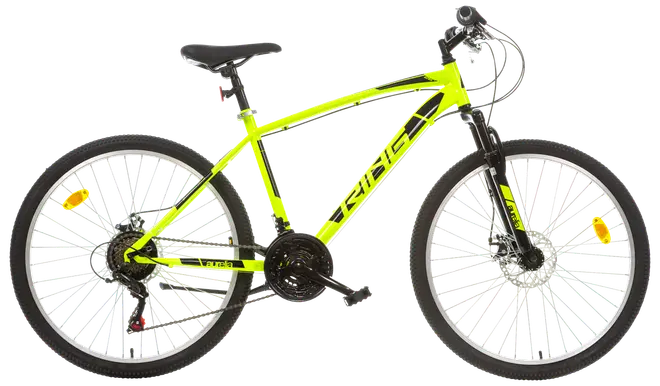 Lys gul mountainbike med sorte detaljer, affjedret forgaffel, 21 gear, skivebremser og grove dæk. Komfortabel sadel og fladt styr til terrænkørsel.