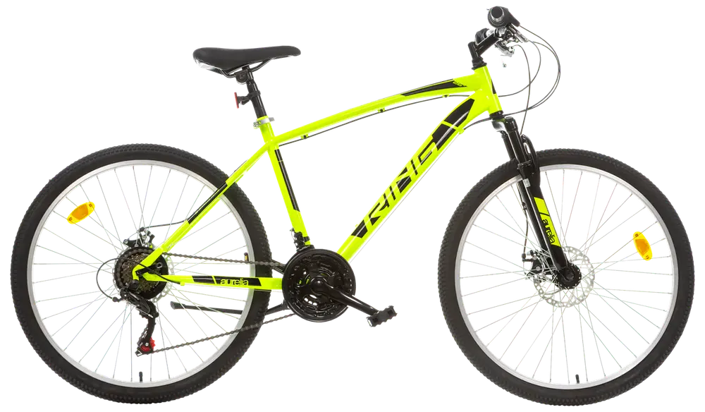 Ljusgul mountainbike med svarta detaljer, framgaffelfjädring, 21 växlar, skivbromsar och grova däck. Utrustad med bekväm sadel och rakt styre för terrängcykling.
